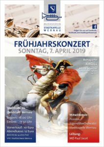 Frühjahrsensemblekonzert der Stadtkapelle Wernau am 7. April 2019, veranstaltet in der Stadthalle im Quadrinum Wernau. Das Konzert beginnt um 18:00 Uhr und wird von MD Paul Jacot geleitet, mit Mitwirkung des Piccolos und JugendBlasOrchester. Eintrittskarten sind im Vorverkauf für 10 Euro erhältlich. Zielgruppe sind Musikliebhaber und Musiker im Raum Esslingen und Stuttgart.