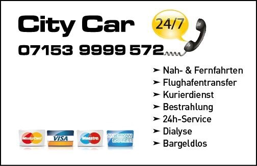 Alt-Text: Logo und Kontaktdaten von City Car, einem 24/7 Fahrdienst für Nah- und Fernfahrten, Flughafen-Transfers und Kurierdienste, mit Informationen zu Zahlungsarten und Dienstleistungen.