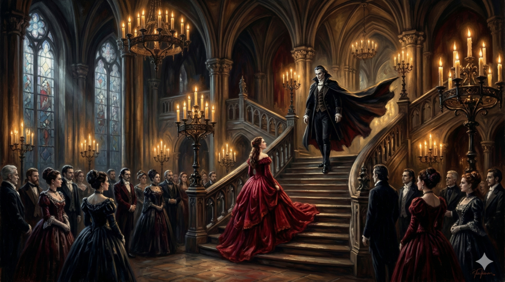 Alt-Text: Dramatische Szene mit einem Vampir und einer Frau in einem roten Kleid, die auf einer Treppe stehen. Umgeben von elegant gekleideten Personen in einem prunkvollen Saal mit Kerzenleuchtern und bunten Fenstern. Ideal für Musikliebhaber und Interessierte an kulturellen Veranstaltungen im Landkreis Esslingen und Stuttgart.