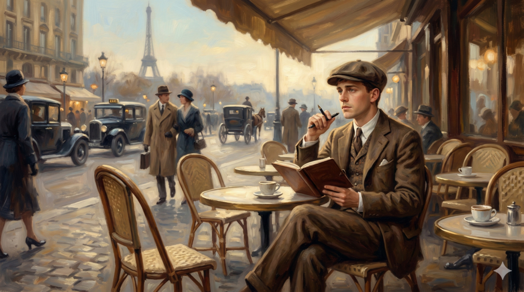 Mann in eleganter Kleidung sitzt in einem Café und liest ein Buch, umgeben von einer historischen Straßenszene in Paris, die die lebendige Atmosphäre der Musik- und Kulturszene widerspiegelt, um Musiker und Musikliebhaber im Raum Esslingen und Stuttgart anzusprechen.